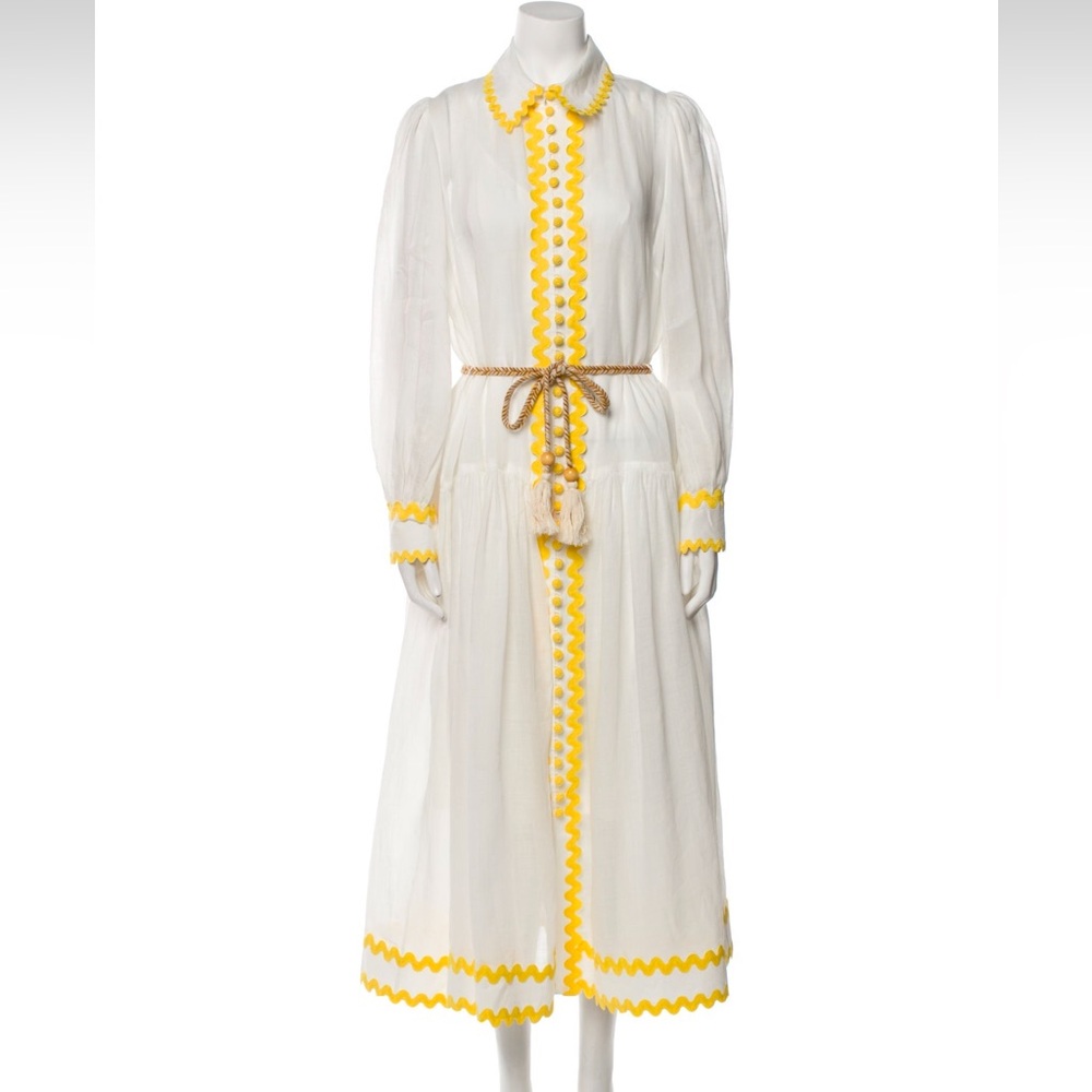 ZIMMERMANN resort Circa yellow Rickrack-Trim Ramie Midi White Dress 2 M L 8 10